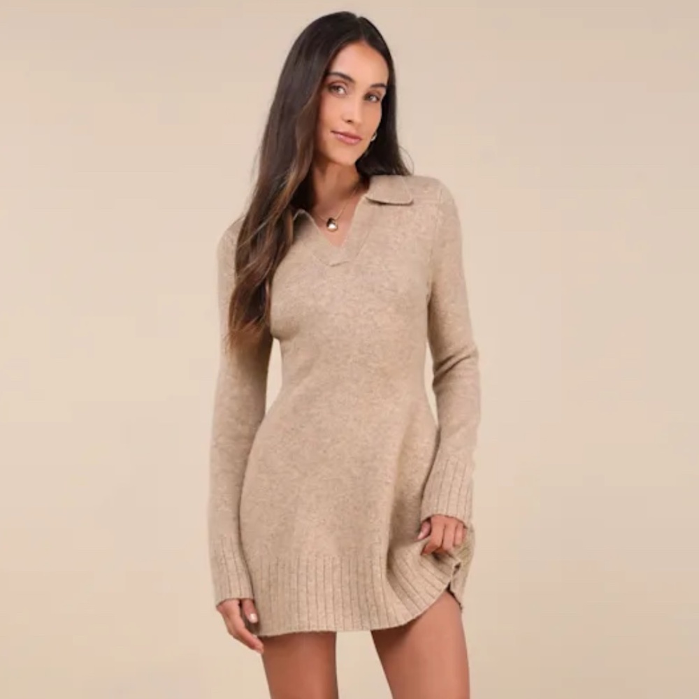 Lulus Soft Serenity Heather Taupe Collared Sweater Mini Dress - Size L
